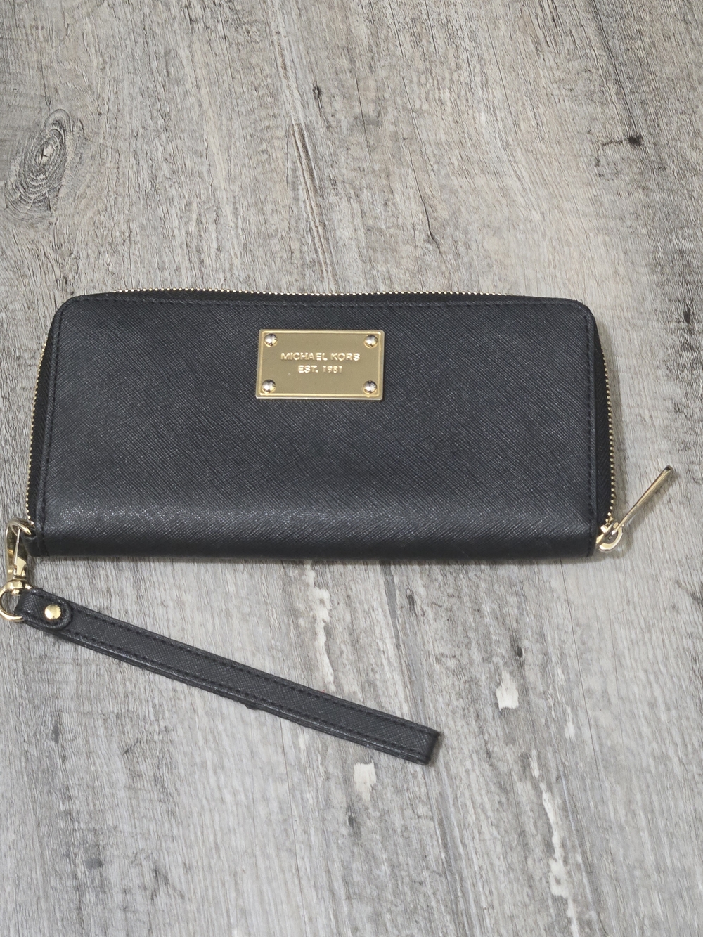 Michael Kors Black Zip Wristlet with Gold Plaque